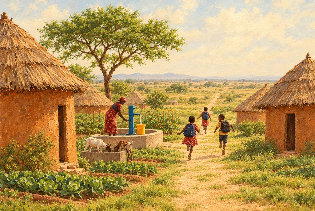 Illustration : le village après le forage, avec une pompe, des potagers verts, des chèvres à l'abreuvoir et des enfants qui courent, cartable au dos.