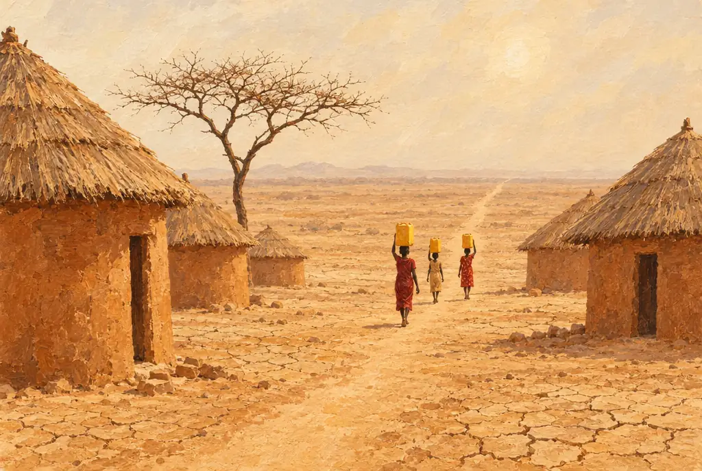 Illustration : le même village en saison sèche, la terre craquelée, des enfants qui partent au loin avec des bidons sur la tête.